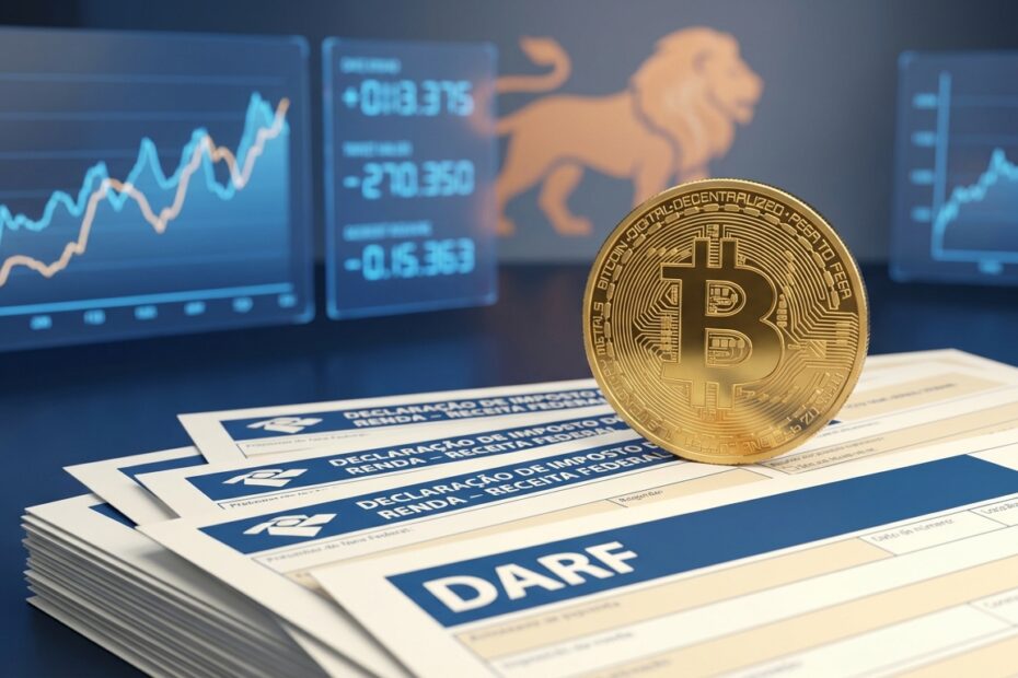 Moeda física de Bitcoin sobre documentos do Imposto de Renda brasileiro