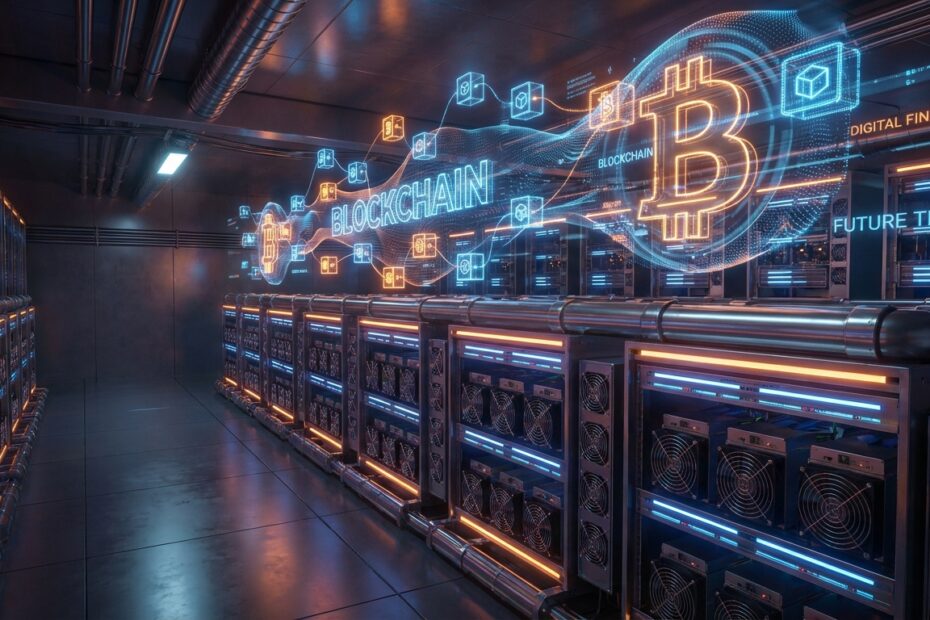 Hardware de mineração ASIC processando dados na rede blockchain do Bitcoin