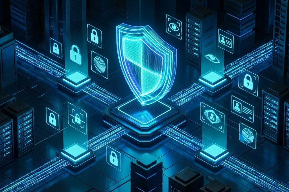 Ilustração de escudo digital holográfico protegendo infraestrutura bancária e dados financeiros