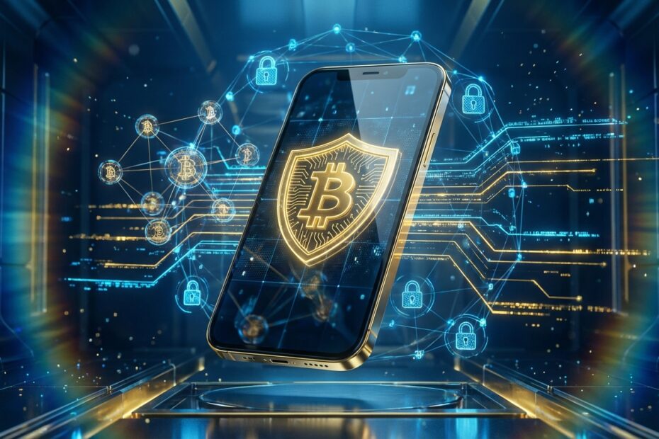 Smartphone exibindo escudo de segurança Bitcoin representando aplicativos de guarda própria
