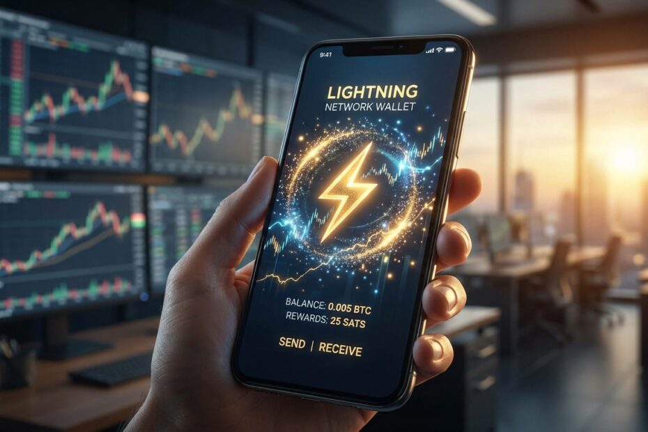 Smartphone com interface de aplicativo para ganhar recompensas na rede Lightning Bitcoin