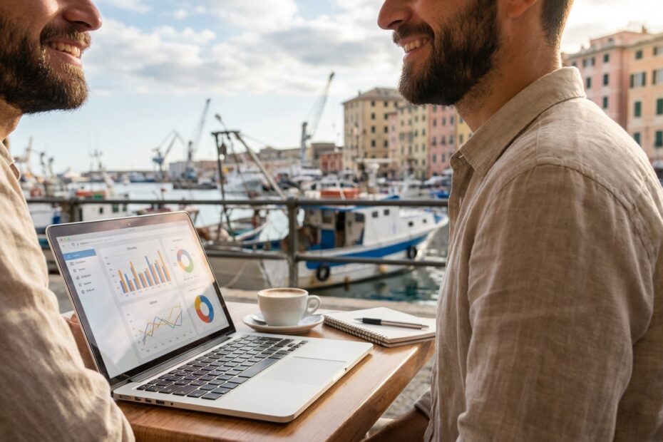 Nômade digital trabalhando remotamente em um café em Gênova, Itália