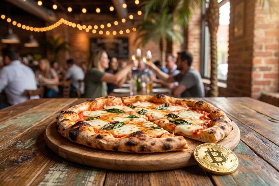 Pizza sobre mesa de madeira com moeda física de Bitcoin ao lado representando a data comemorativa