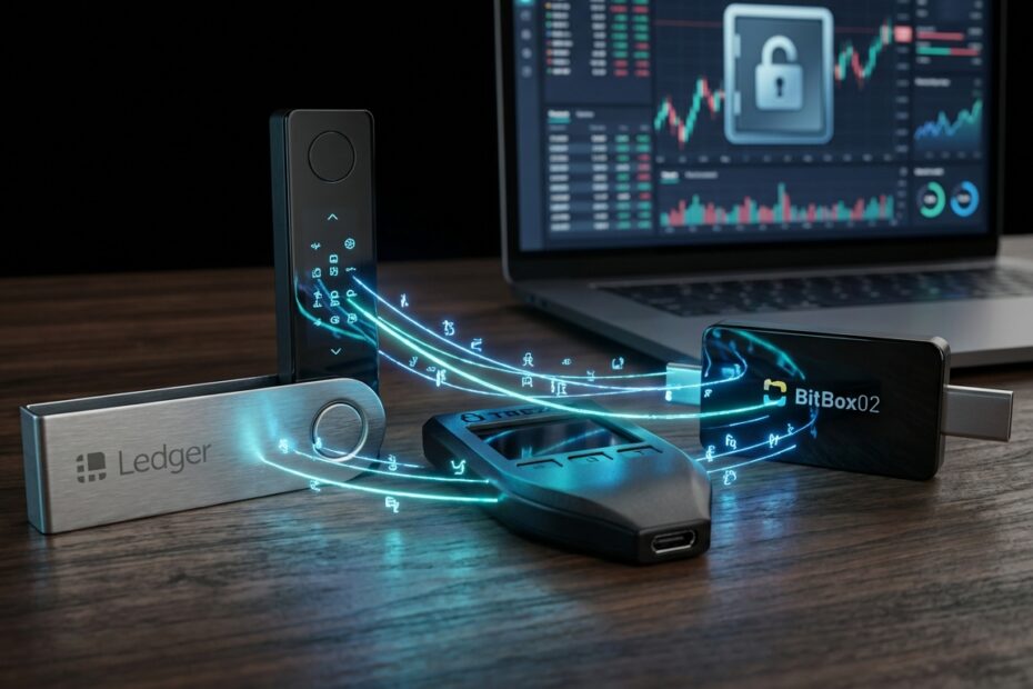 Comparativo de hardware wallets Trezor Model T, Ledger Nano X e BitBox02 sobre mesa de escritório
