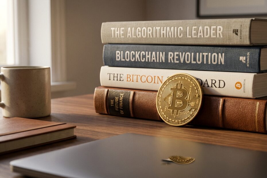 Pilha de livros sobre finanças e tecnologia com uma moeda física de Bitcoin no topo sobre uma mesa de madeira.