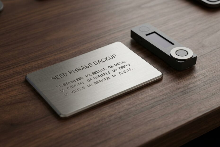 Placa de aço para backup de seed phrase ao lado de uma hardware wallet
