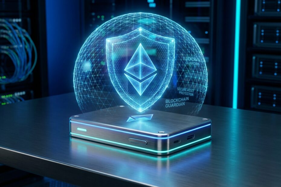 Carteira de hardware segura exibindo logotipo holográfico do Ethereum protegida por escudo digital