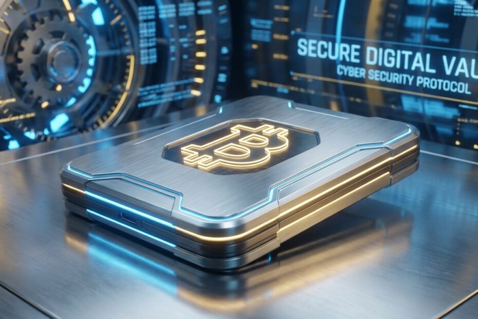 Hardware wallet segura para armazenamento frio de Bitcoin com elementos de criptografia digital.