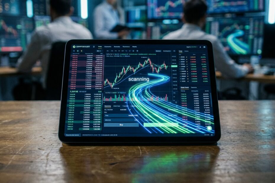 Tela exibindo interface de software de investimento em criptomoedas com gráficos de alta valorização