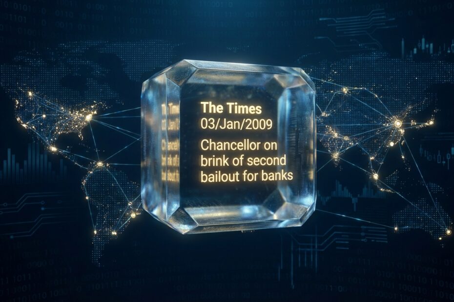 Ilustração do Bloco Gênesis do Bitcoin com a manchete do jornal The Times em destaque no código