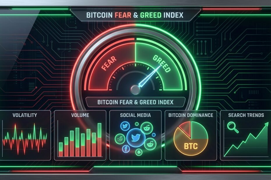 Painel digital exibindo as métricas de cálculo do índice fear e greed do Bitcoin
