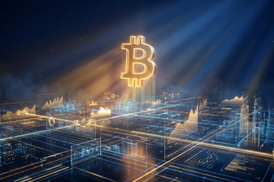 Gráfico digital 3D mostrando o símbolo do Bitcoin em ascensão com linhas de dados on-chain ao fundo.