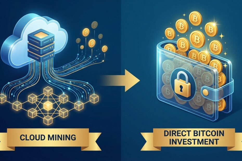 Ilustração comparativa entre mineração de bitcoin na nuvem e compra direta de criptomoedas.