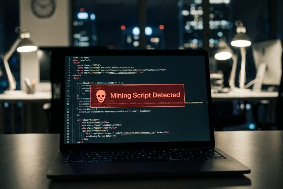 Tela de computador exibindo código de programação com alerta de script de mineração malicioso