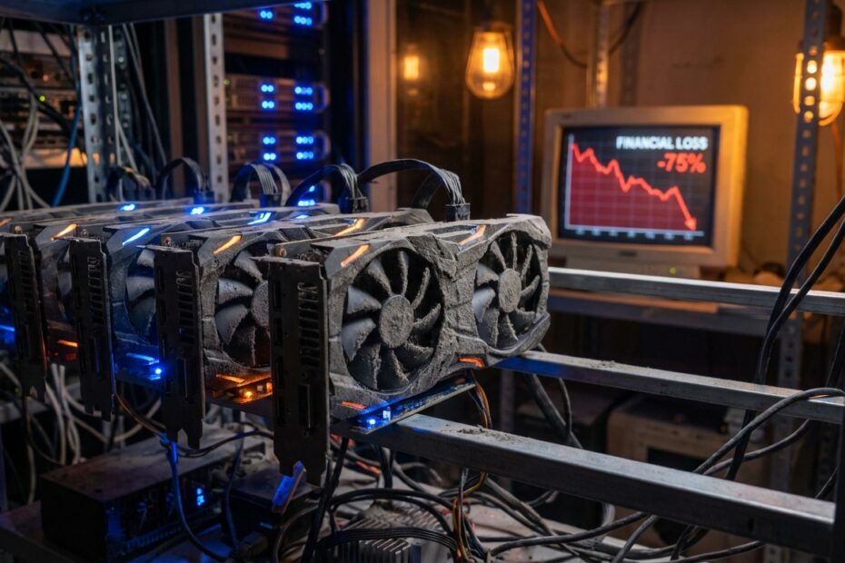 Placa de vídeo para mineração de criptomoedas em ambiente escuro com gráfico de prejuízo ao fundo