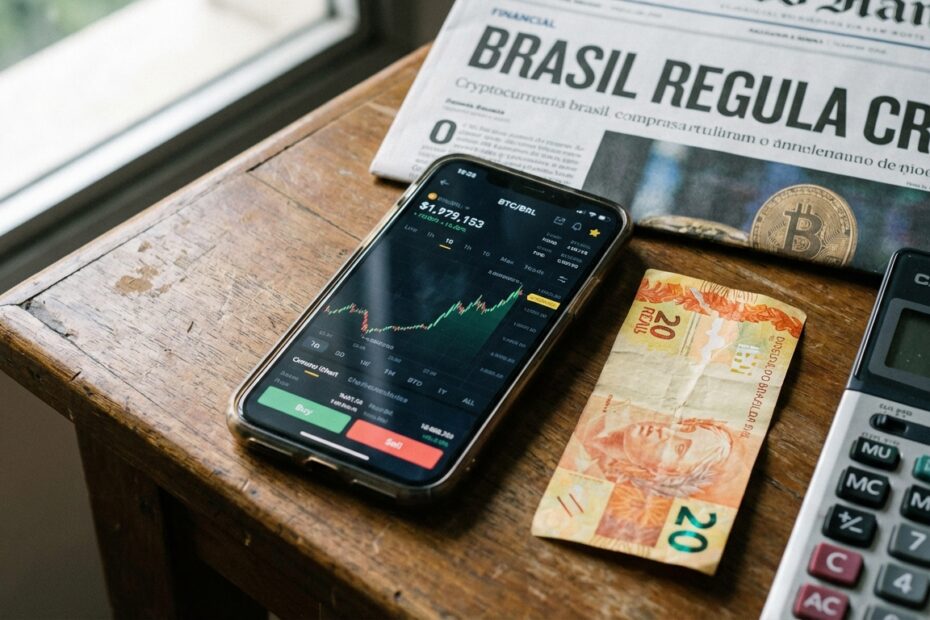 Smartphone exibindo gráficos de criptomoedas ao lado de nota de real e calculadora
