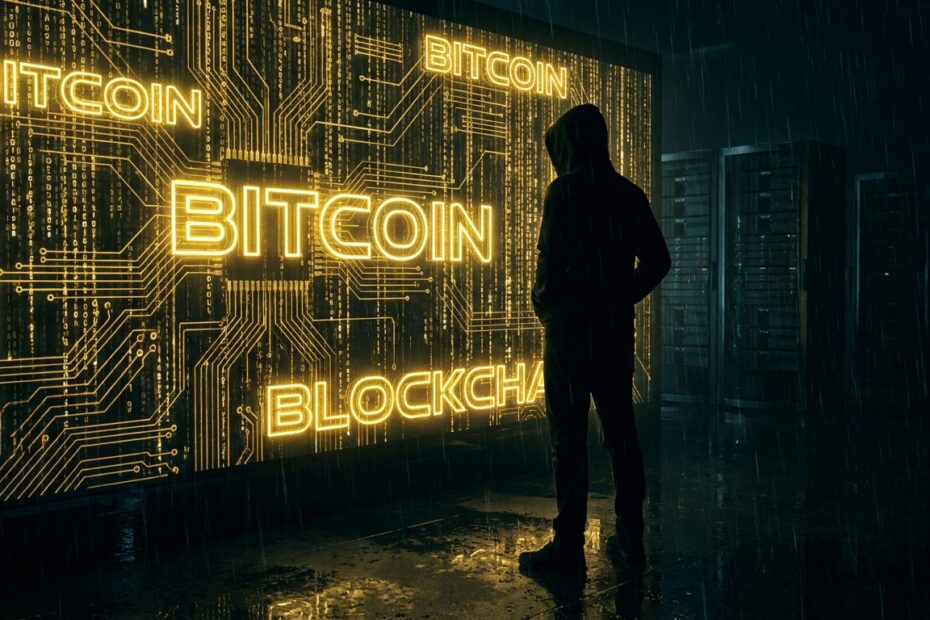 Silhueta misteriosa de capuz representando Satoshi Nakamoto com código Bitcoin ao fundo