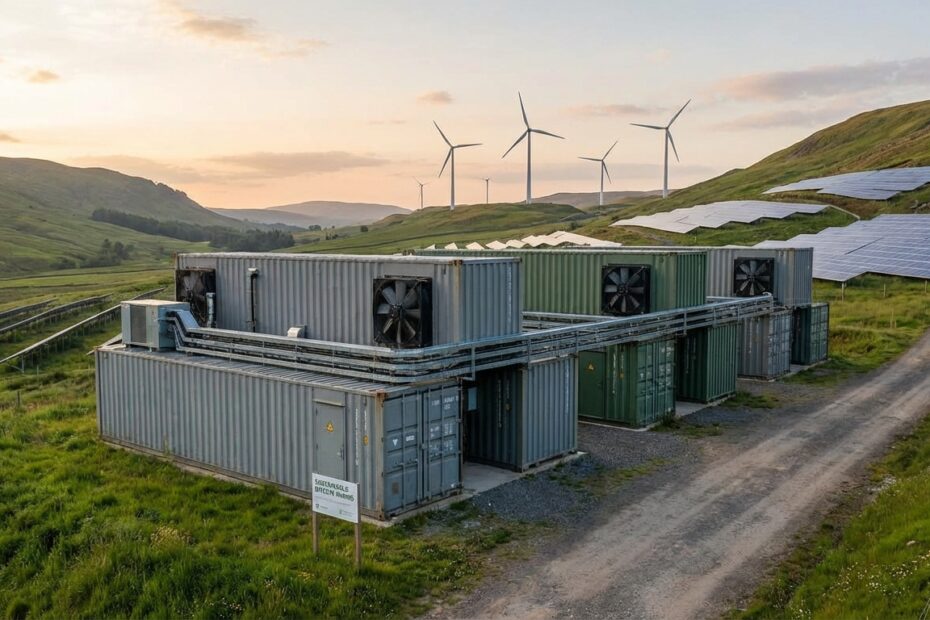 Instalação de mineração de Bitcoin integrada a parque de energia eólica e solar