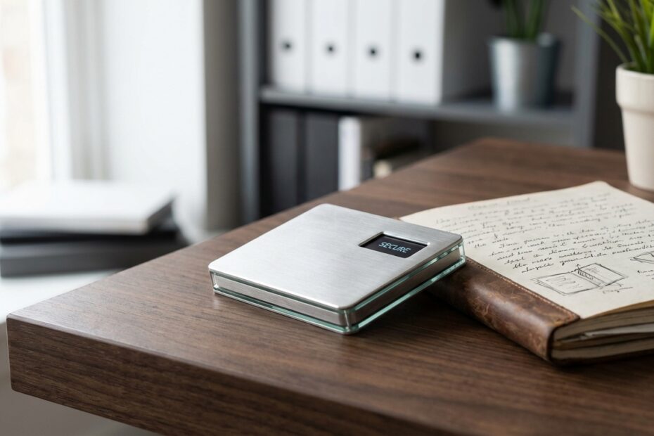 Hardware wallet moderna sobre mesa de escritório representando a autocustódia de ativos digitais