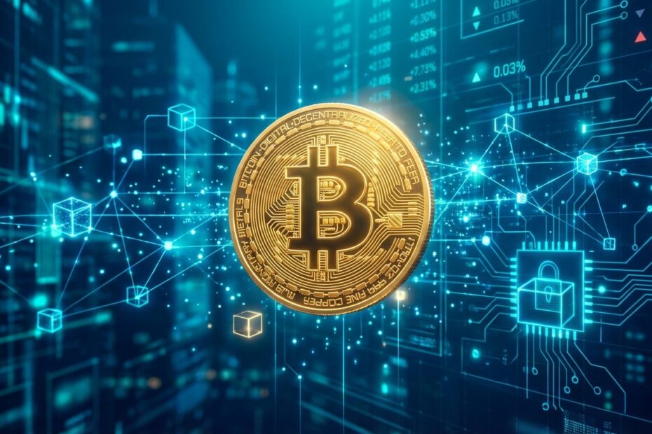 Ilustração de uma moeda Bitcoin dourada conectada a uma rede blockchain digital segura