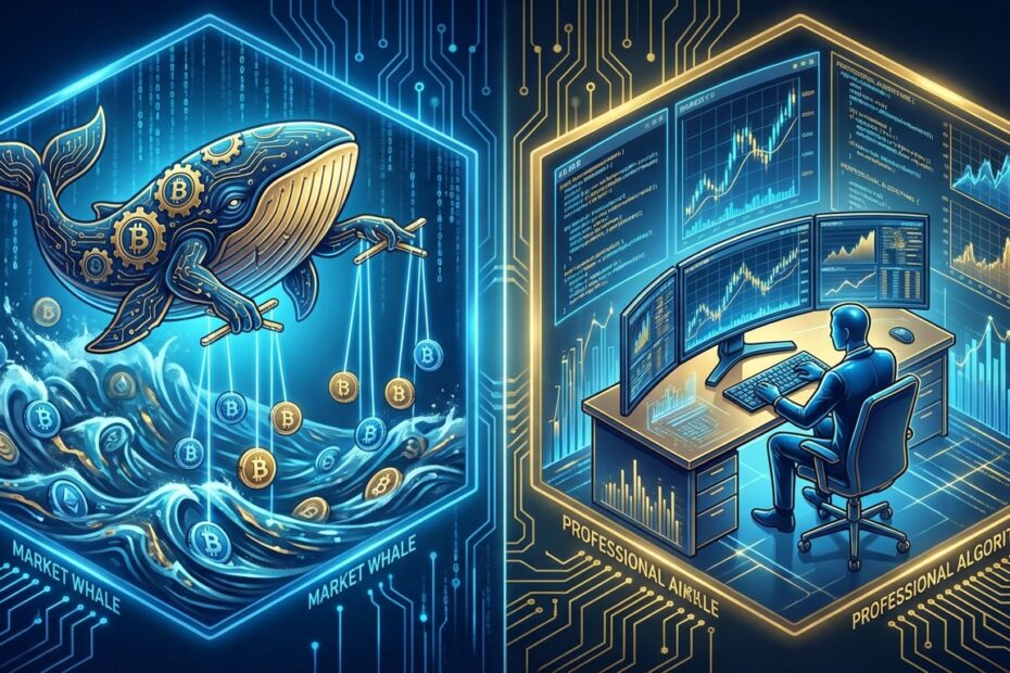 Ilustração comparando mitos de manipulação de Bitcoin com a realidade de mesas de operações profissionais.