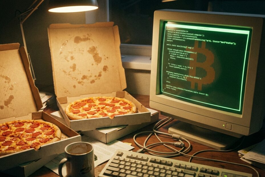 Duas pizzas de pepperoni sobre uma mesa de computador ao lado de um monitor com códigos, simbolizando a primeira compra com Bitcoin.