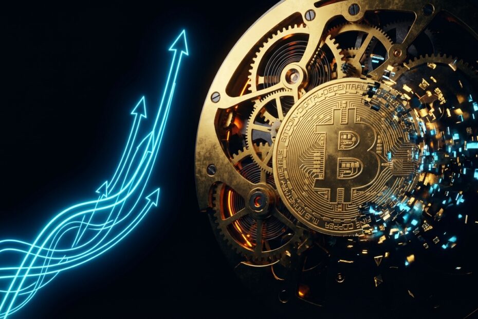 Renderização 3D de um Bitcoin dourado e mecanismos de relógio, simbolizando o tempo e a escassez do halving.