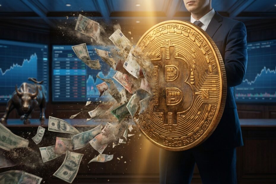 Ilustração de um Bitcoin dourado servindo como escudo contra cédulas de dinheiro voando, representando proteção contra inflação.