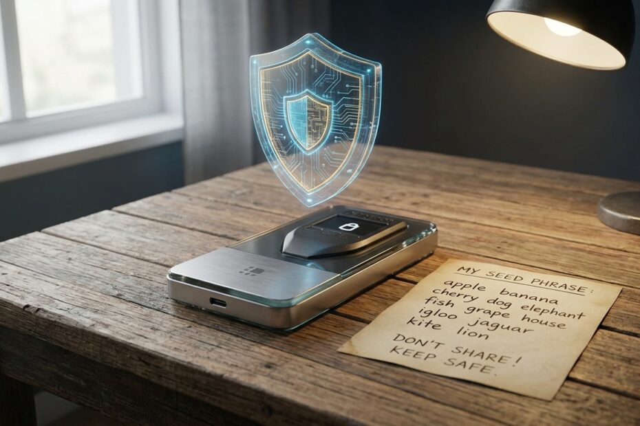 Carteira de hardware ao lado de anotação de backup com escudo digital representando segurança