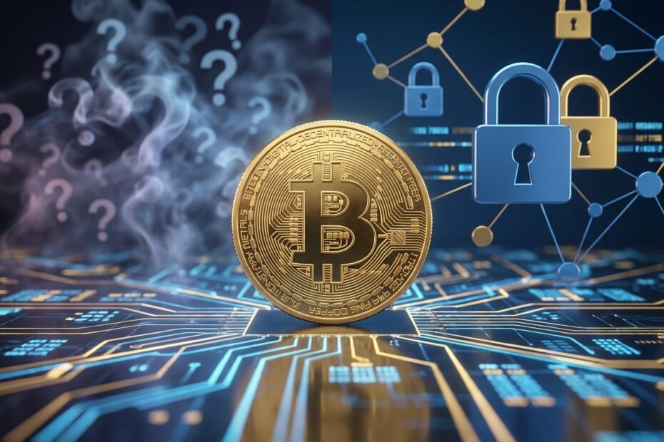 Ilustração 3D de uma moeda Bitcoin sobre um livro-razão digital, simbolizando a segurança e a realidade tecnológica do ativo contra mitos.