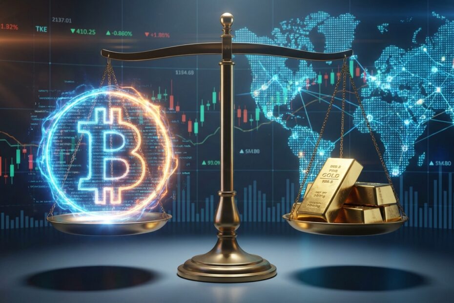 Balança comparando o valor do Bitcoin digital com barras de ouro físicas em cenário financeiro.