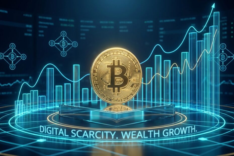 Ilustração futurista de um Bitcoin dourado com gráficos de valorização e conexões de blockchain em neon azul.