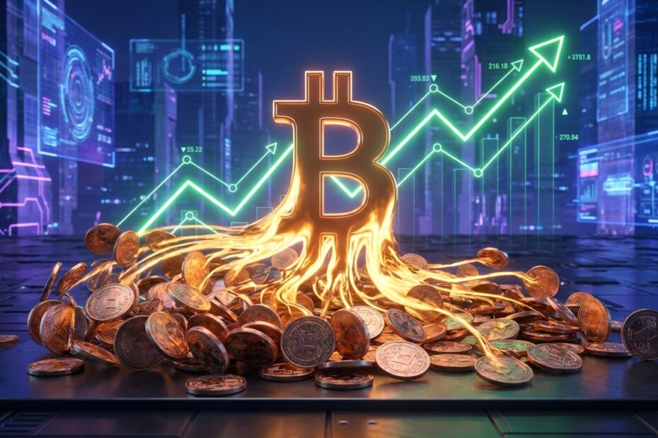 Pequenas moedas digitais se transformando em um grande símbolo do Bitcoin com gráfico de alta ao fundo