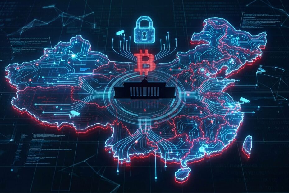 Ilustração digital representando o monitoramento estatal chinês sobre a rede Bitcoin
