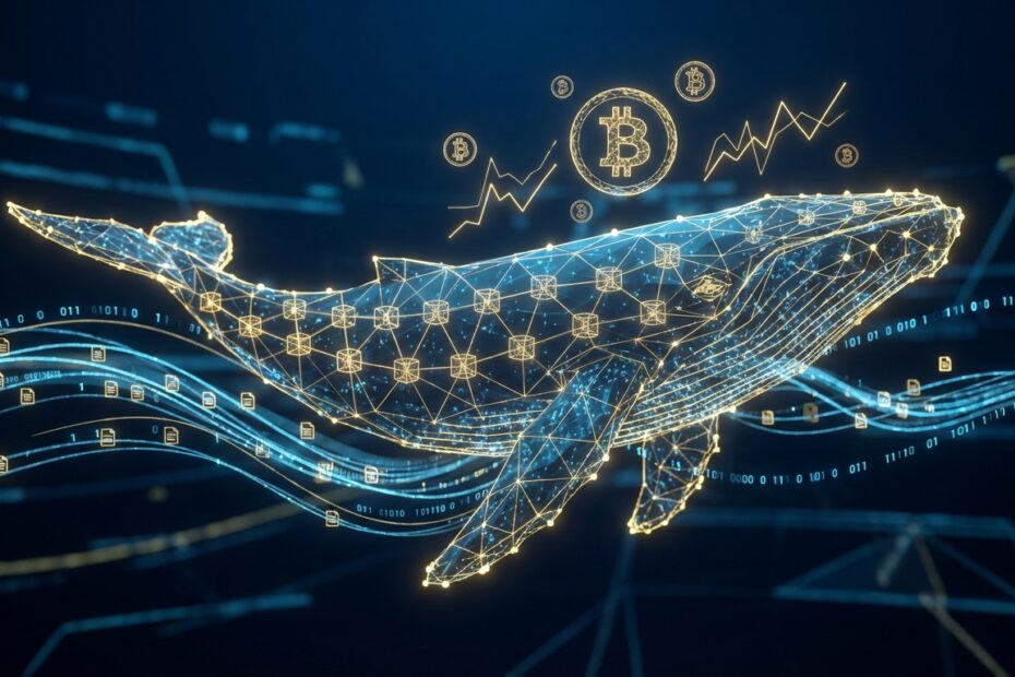 Ilustração digital de uma baleia formada por dados da blockchain representando grandes investidores de Bitcoin.