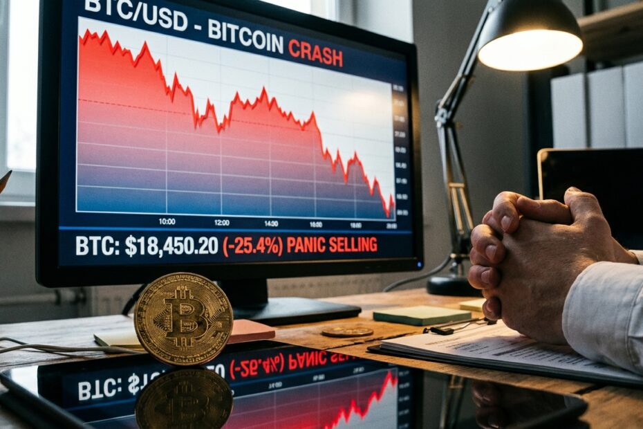 Gráfico de mercado financeiro em queda acentuada com moeda física de Bitcoin em primeiro plano