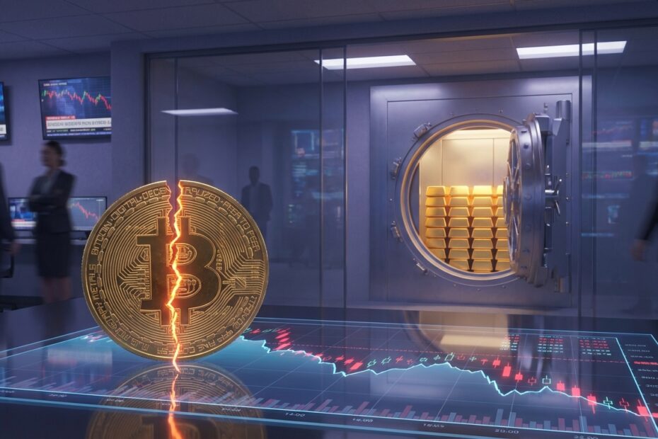 Gráfico financeiro em queda com moeda Bitcoin rachada e barras de ouro ao fundo