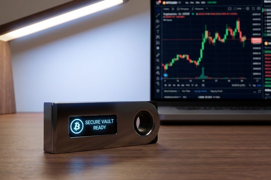 Hardware wallet sobre mesa de madeira representando a segurança da autocustódia de criptomoedas