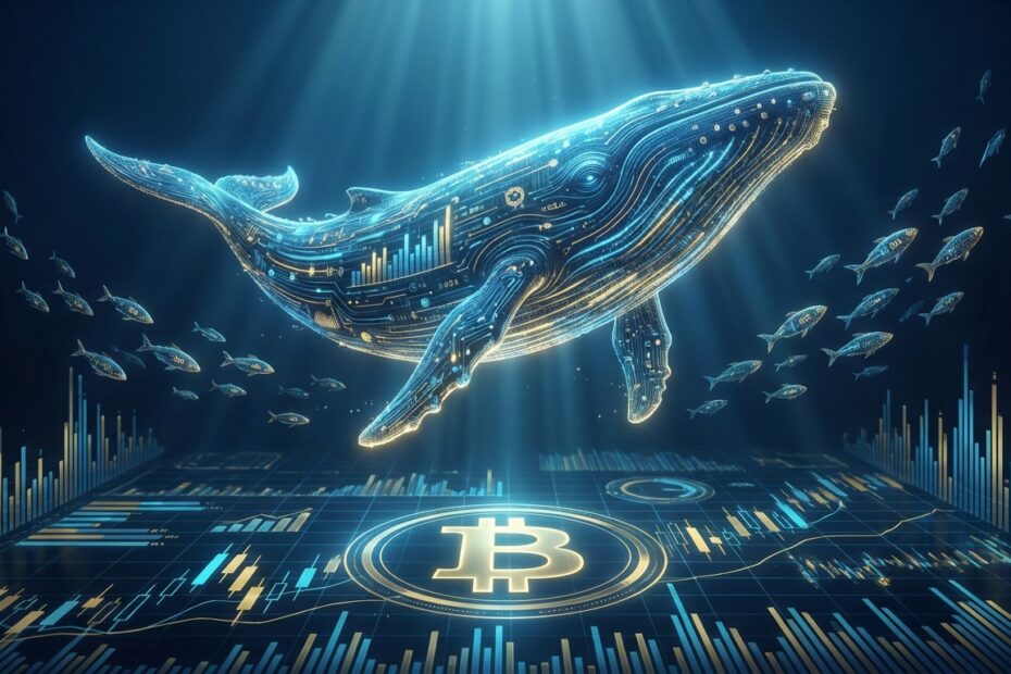 Ilustração digital mostrando a movimentação de baleias de Bitcoin em contraste com investidores de varejo.