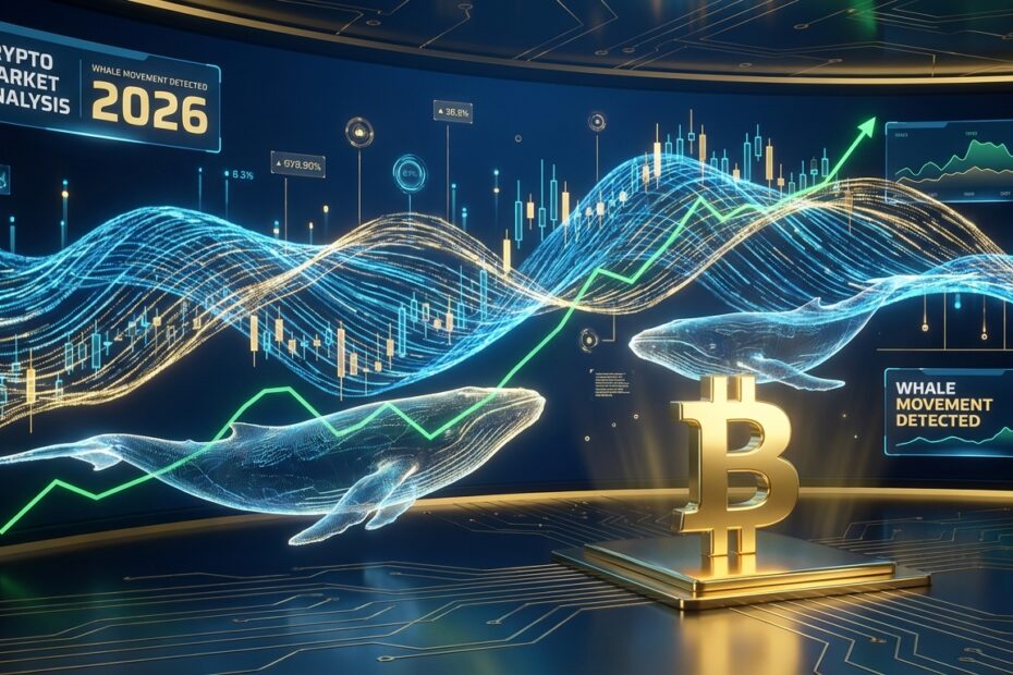 Gráfico de criptomoedas com silhuetas de baleias digitais impulsionando o preço do Bitcoin para cima