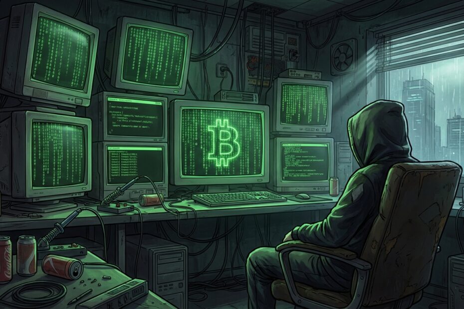 Ilustração artística representando o ambiente hacker dos anos 90 com códigos verdes em telas CRT formando o logo do Bitcoin.