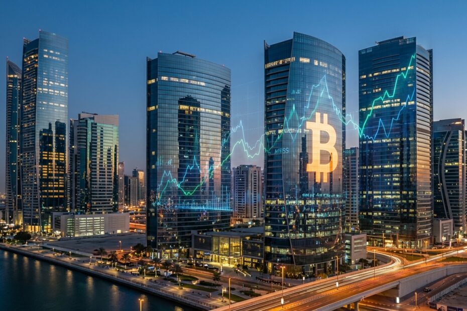 Distrito financeiro de Abu Dhabi com sobreposição sutil de gráficos de mercado e símbolo do Bitcoin