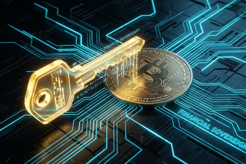 Ilustração 3D de uma chave digital e uma moeda Bitcoin representando a autocustódia