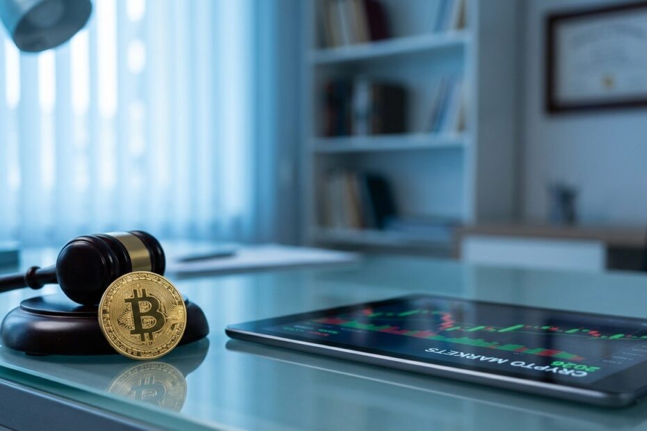 Bitcoin dourado ao lado de um martelo de juiz simbolizando regulamentação do mercado