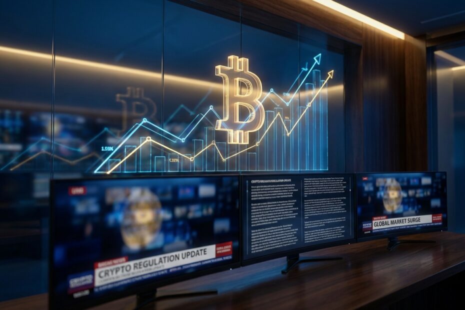 Gráfico holográfico do Bitcoin em tendência de alta influenciado por notícias de mercado