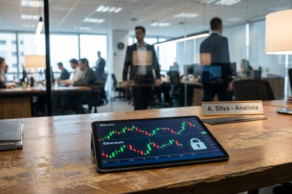 Tablet com gráficos de criptoativos e ícone de segurança em escritório financeiro
