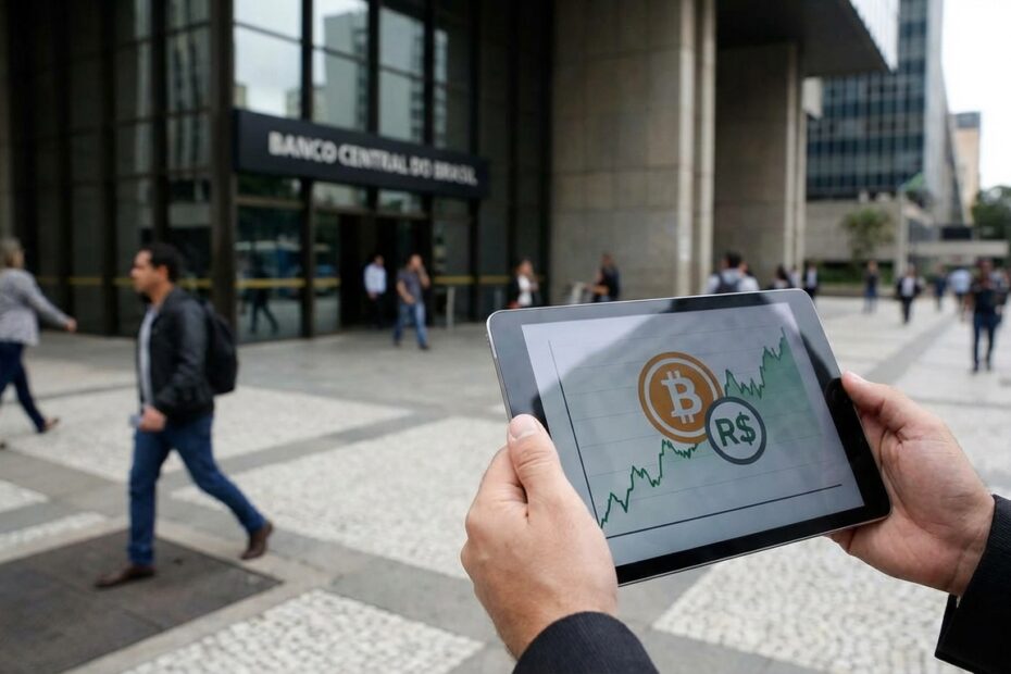 Representação gráfica de regulação de criptomoedas com prédio financeiro ao fundo