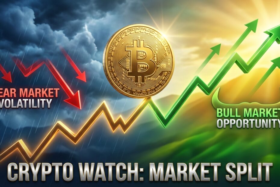 Ilustração de uma moeda Bitcoin sobre gráfico financeiro representando volatilidade e oportunidade de investimento