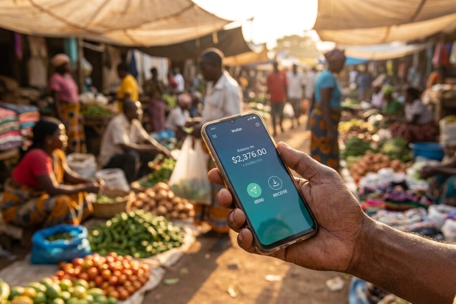 Pessoa utilizando smartphone para transação com Bitcoin em mercado local