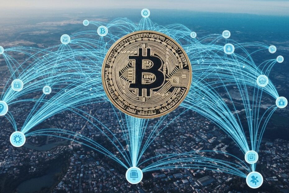 Logotipo do Bitcoin simbolizando a descentralização financeira e a conectividade global.